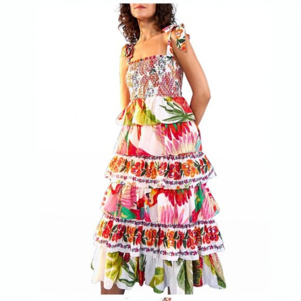 Farm Rio Mixed White Prints Layered Midi Dress - Womens Medium
